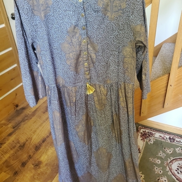Melange Ladies Kurta Grey & Gold Midi Sz. M Dress w Pockets & Tassel Embroidered - Picture 5 of 13